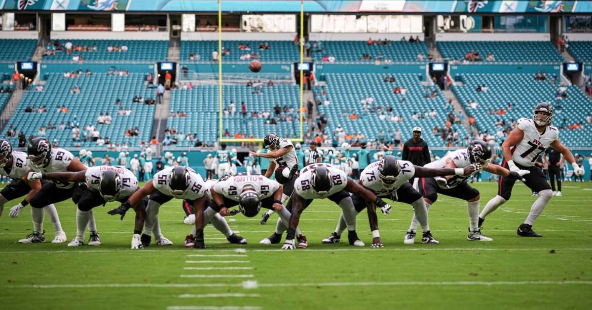 The Atlanta Falcons lined up for a play at Mercedes-Benz Stadium
