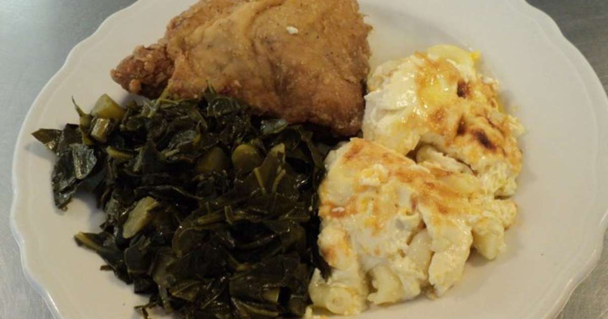 Fried chicken, macaroni and cheese, and collard greens from John's Fine Food