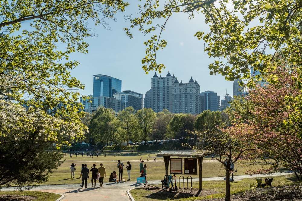 downtown atlanta georgia from a park on a beautiful sunny day