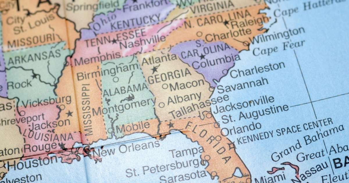 Map of the Southeastern United States, with Georgia in the center