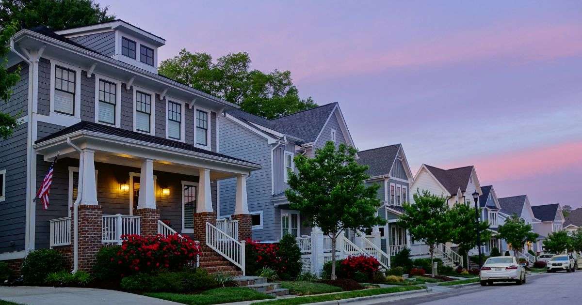 A row of new homes on a quiet residential street in Raleigh, North Carolina