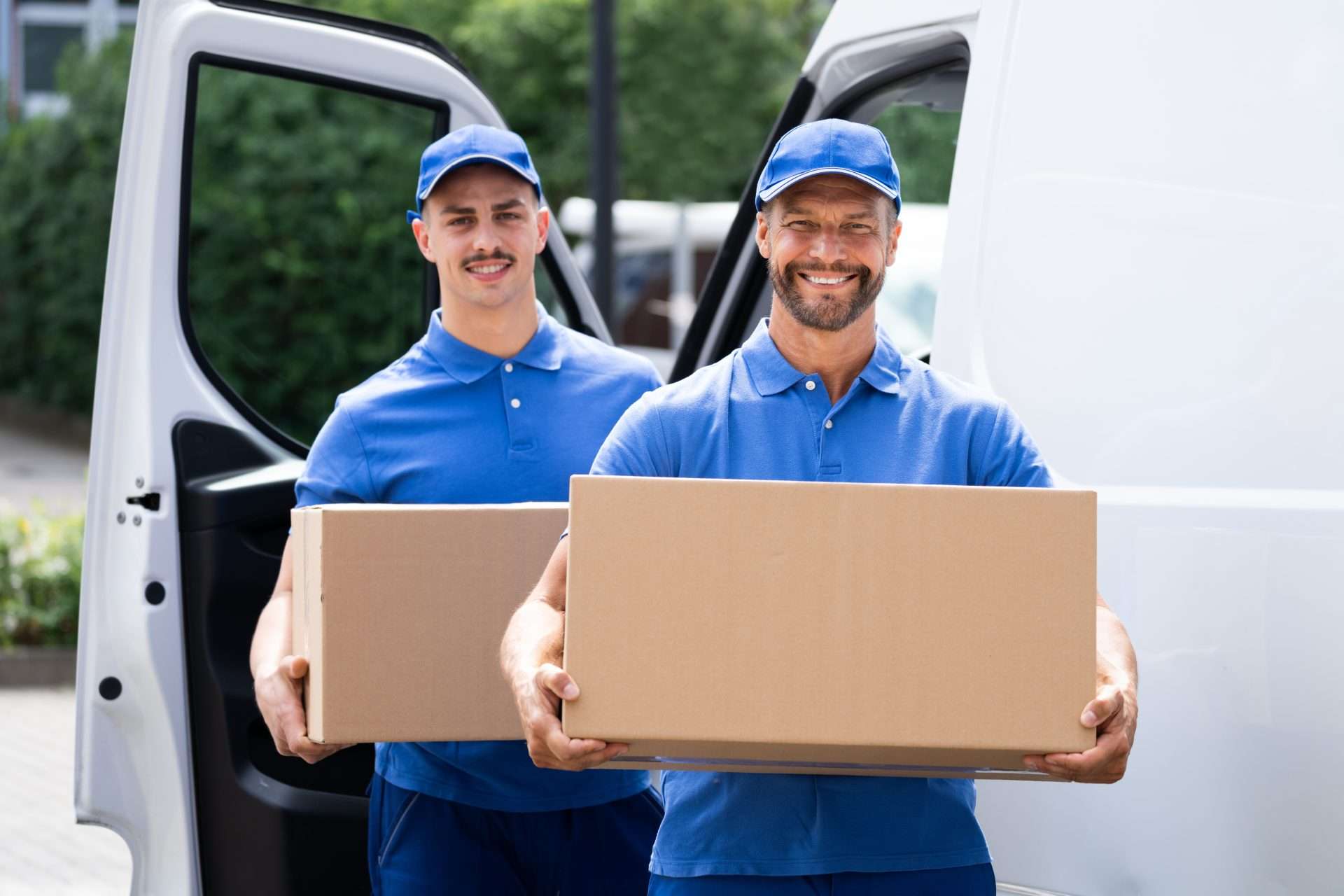 Happy Heron Bay movers in blue collared shirts holding boxes in front of a truck