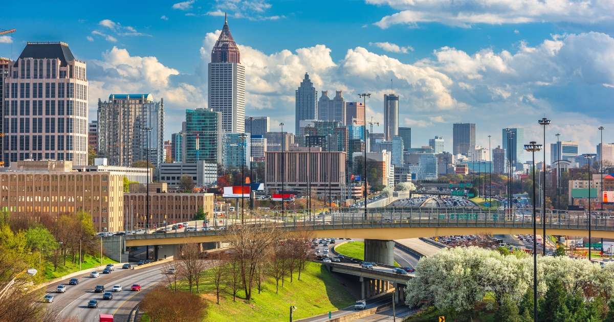 Atlanta skyline behind a busy highway.