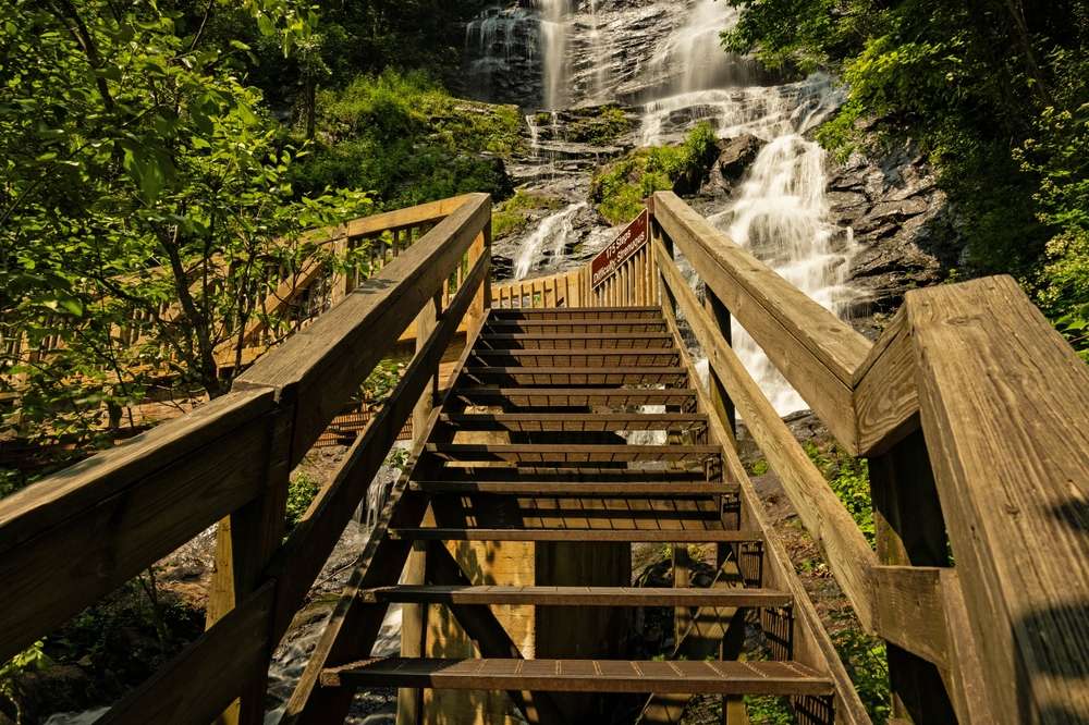 Wooden steps leading to the waterfalls near dawson ga