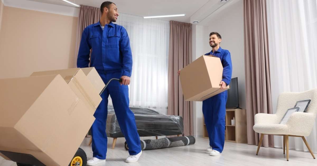 Two professionals for moving from Atlanta to Warner Robins hauling boxes out of a room