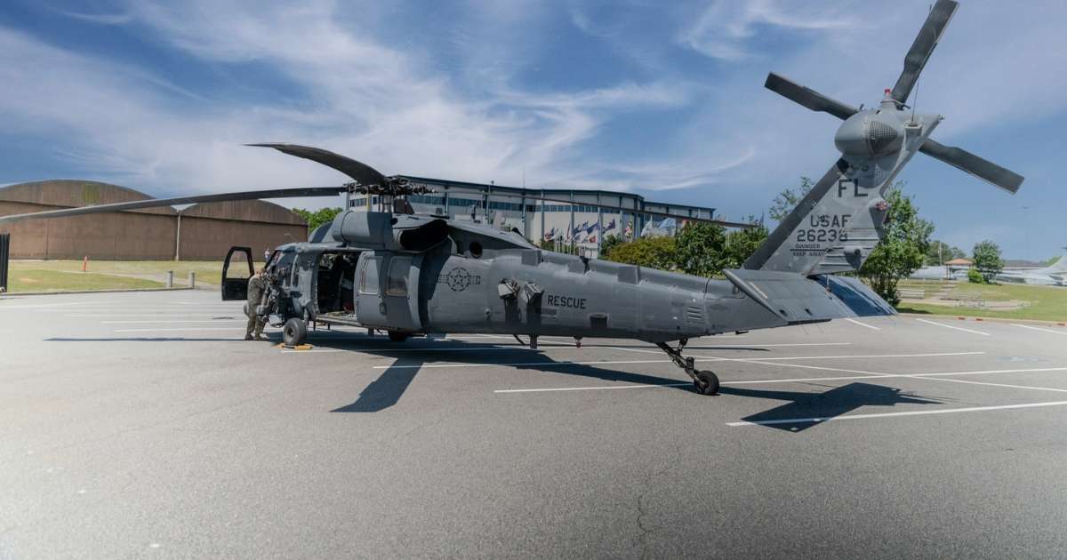 A helicopter about to take off outside the Museum of Aviation in Warner Robins