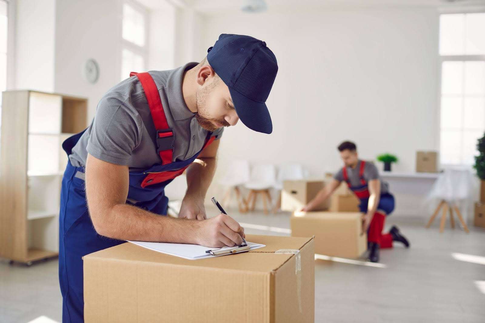 Mover writing on a clipboard resting on a cardboard box while another mover in the background picks a box up off the ground.