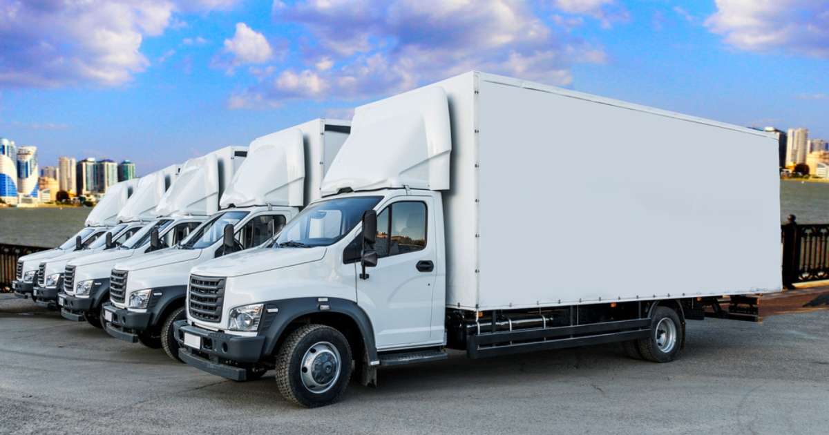 Six white moving trucks in a line at a moving company's main office. 