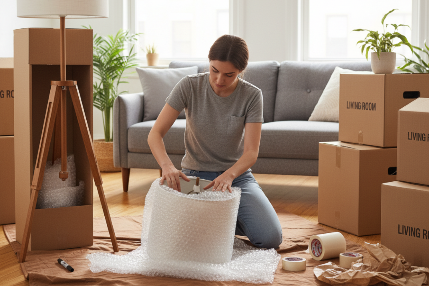 a-woman-packing-lamps-for-moving